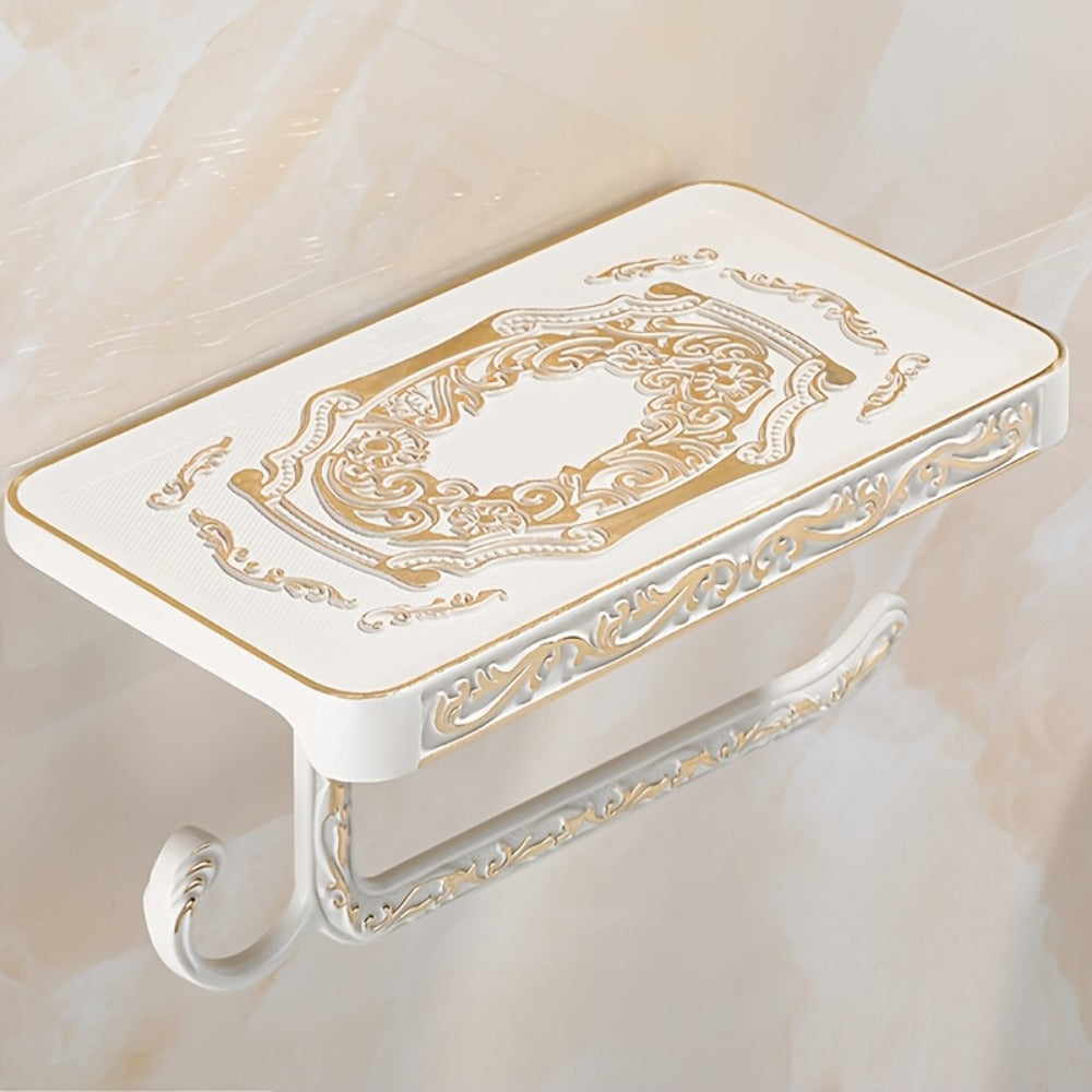 Golden Wall-Mounted Toilet Paper Holder with Embossed Vintage-Style Shelf, Roll Bar and Side Hook