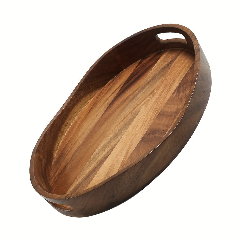 Oval Acacia Wood Serving Tray with Integrated Handles and Pictured 16.9 x 13-Inch Dimensions