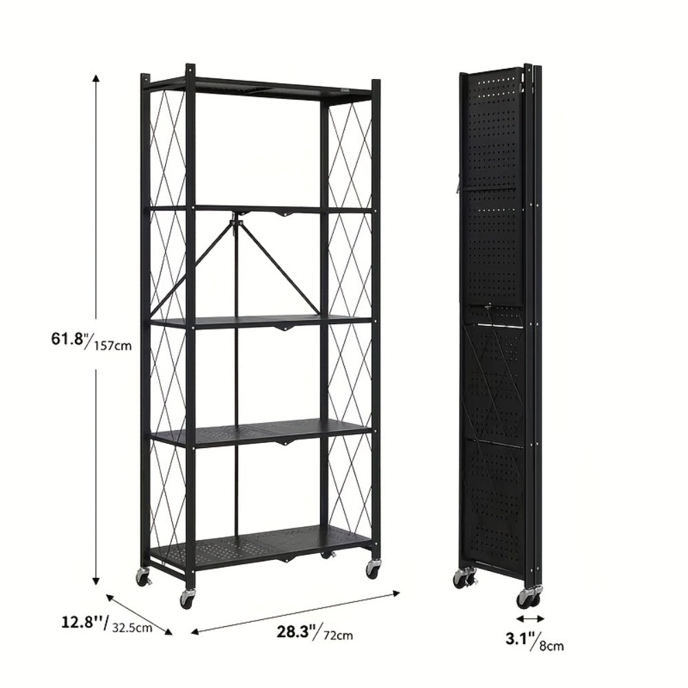 Foldable Rolling Storage Shelf in Three, Four or Five-Tier Options with Black or White Finish