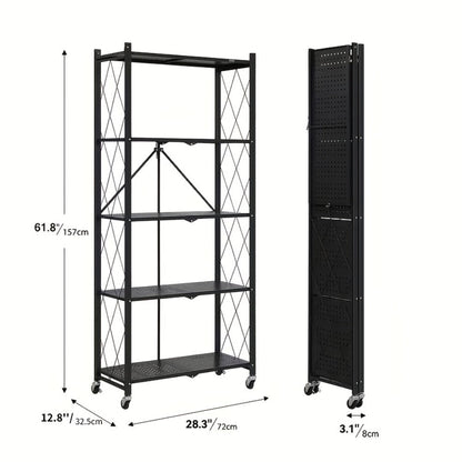 Foldable Rolling Storage Shelf in Three, Four or Five-Tier Options with Black or White Finish