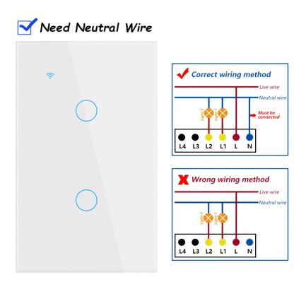 White Glass WiFi and Bluetooth Touch Wall Switch with One- to Four-Gang US-Style Options and Neutral-Wire Wiring