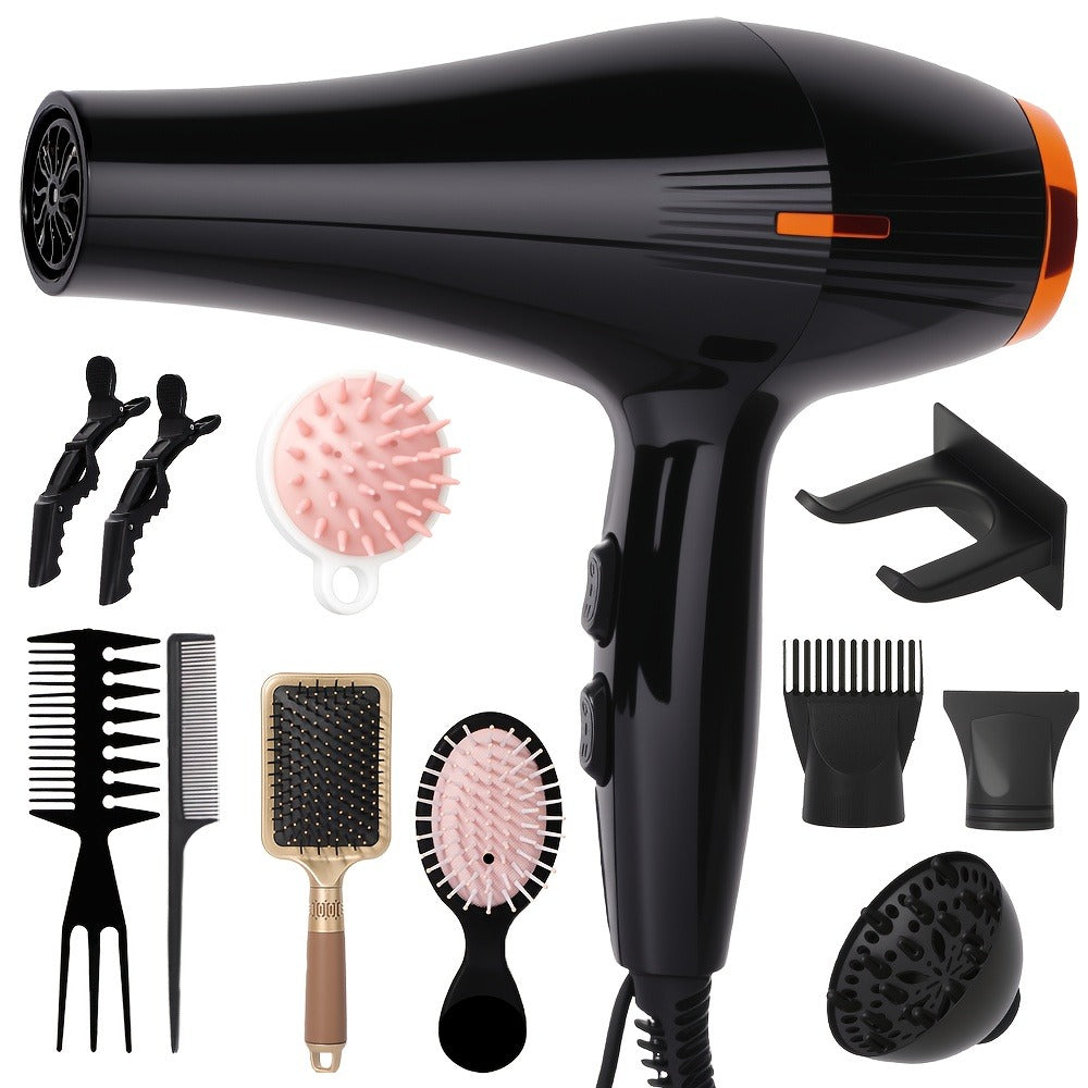 Brushless Motor Hair Dryer Set with Accessories - Professional Blow Dryer Kit Concentrator Nozzle Comb Clips 2 Modes 3 Speeds Ionic Anti-Frizz Home Salon Travel Black White Blue Green