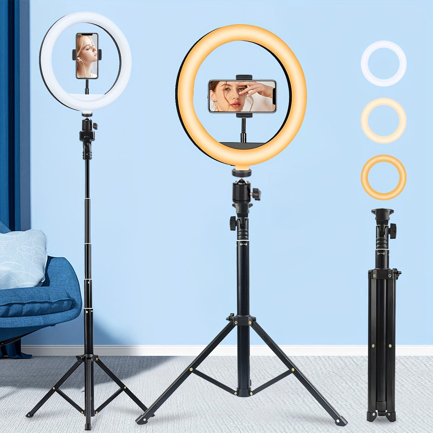 10- or 12-Inch USB Ring Light with Floor Tripod, Center Phone Holder and Three-Color Model Options