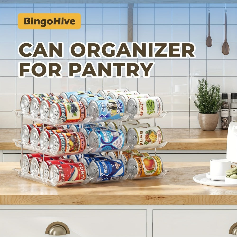 Can Storage Organizer 36-Can 3-Tier Auto-Rolling PET Rack with Tool-Free Assembly for Pantry Use
