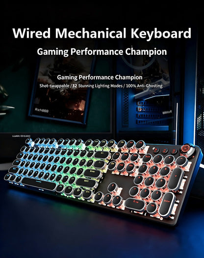 Mechanical Keyboard with Retro Round Keycaps, Green Switches, RGB Backlighting and Multifunction Control Knob