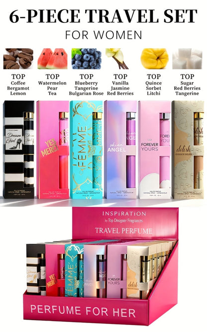 Women's Perfume Gift Set with Six Eau de Parfum Travel Sprays, 1.18 oz Each in Two Assortments