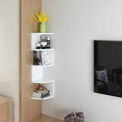 Wall-Mounted Alternating Corner Shelf in White Five-Tier or White and Black Three-Tier Options