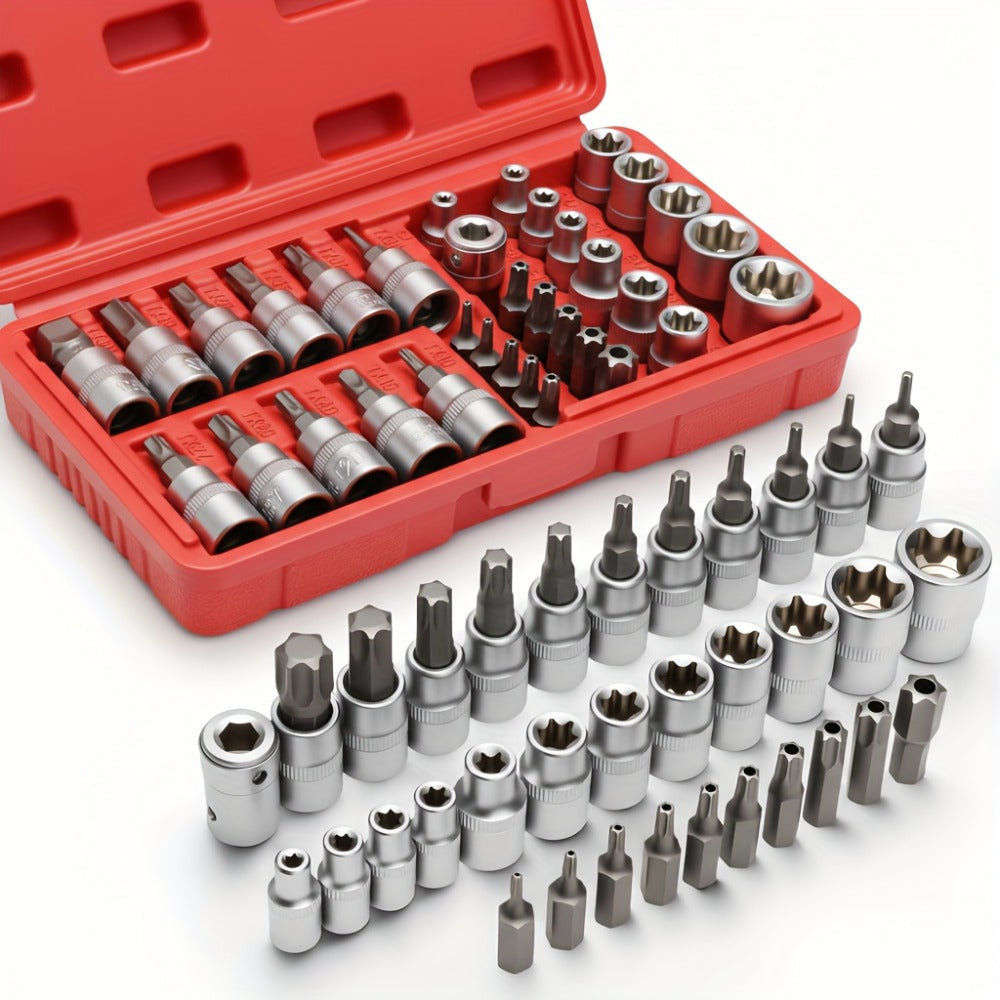 Torx Star Bit Socket Set 34/46-Piece - 3/8" Drive CR-V E-Socket E4-E20, T10-T60, Tamper-Proof TT10-TT55, S2 Steel, 5/16"F to 3/8"M Adapter, Storage Case - For Car, Truck & Home Improvement