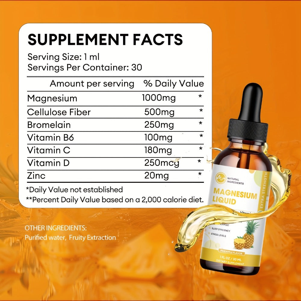 Liquid Magnesium Glycinate Drops 1000mg with Bromelain Cellulose Fiber Vitamin B6 C D & Zinc — Fast Absorbing Sleep Digestive & Immune Support Sugar-Free Pineapple Flavour 2-Pack 60 Servings