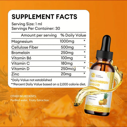 Liquid Magnesium Glycinate Drops 1000mg with Bromelain Cellulose Fiber Vitamin B6 C D & Zinc — Fast Absorbing Sleep Digestive & Immune Support Sugar-Free Pineapple Flavour 2-Pack 60 Servings