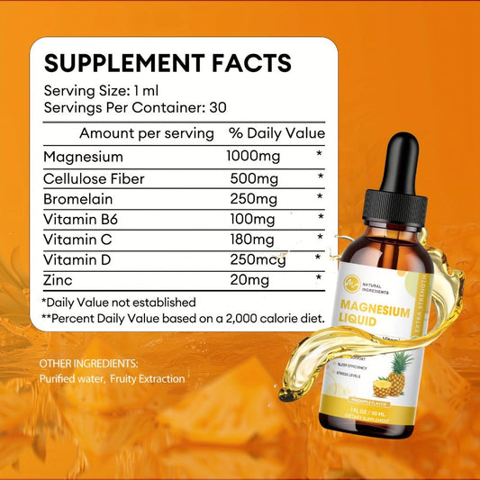 Liquid Magnesium Glycinate Drops 1000mg with Bromelain Cellulose Fiber Vitamin B6 C D & Zinc — Fast Absorbing Sleep Digestive & Immune Support Sugar-Free Pineapple Flavour 2-Pack 60 Servings