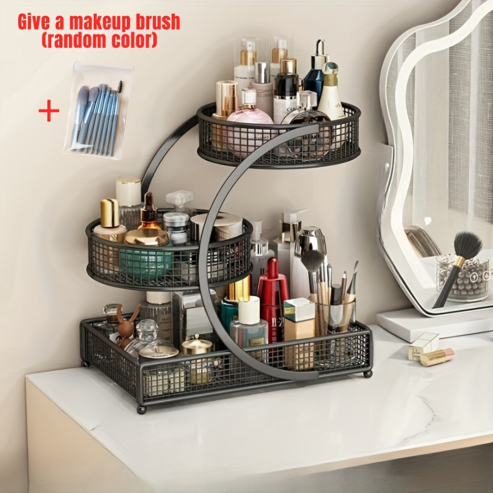 Metal Cosmetic Storage Rack with Makeup Brushes and Black or White Tissue Holder Configurations