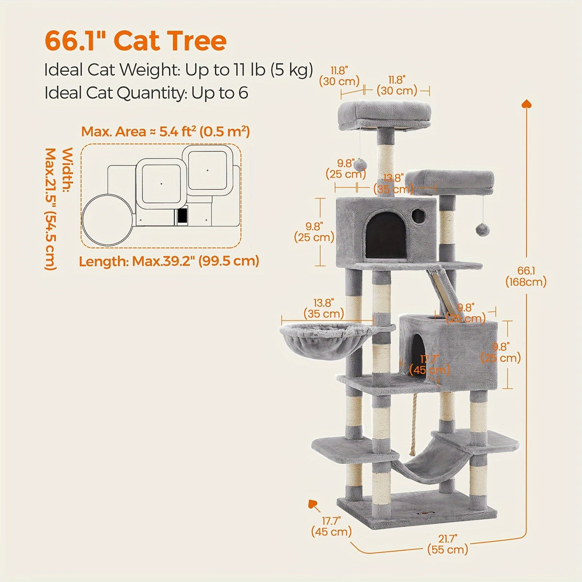 44- or 66-Inch Cat Tree Condo with Cave, Hammock, Raised Platforms and Four Color Options for Indoor Cats