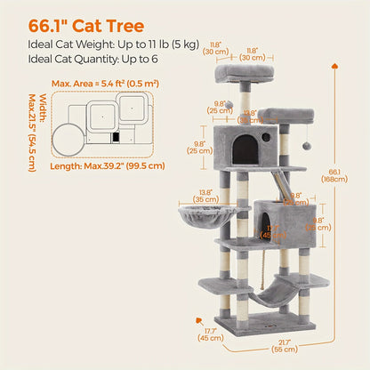 44- or 66-Inch Cat Tree Condo with Cave, Hammock, Raised Platforms and Four Color Options for Indoor Cats