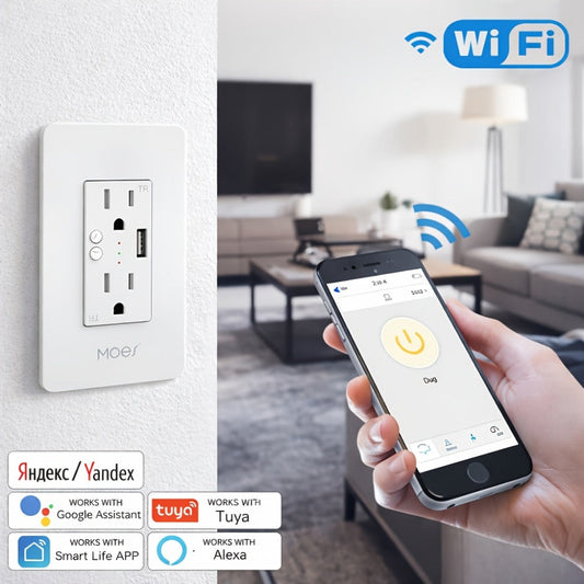 Smart WiFi Wall Outlet with 2 AC Outlets & USB Charging Port, Works with Alexa & Google Home, App Remote Control, No Hub Required, 15A 2.4GHz – MOES Intelligent In-Wall Smart Plug Socket