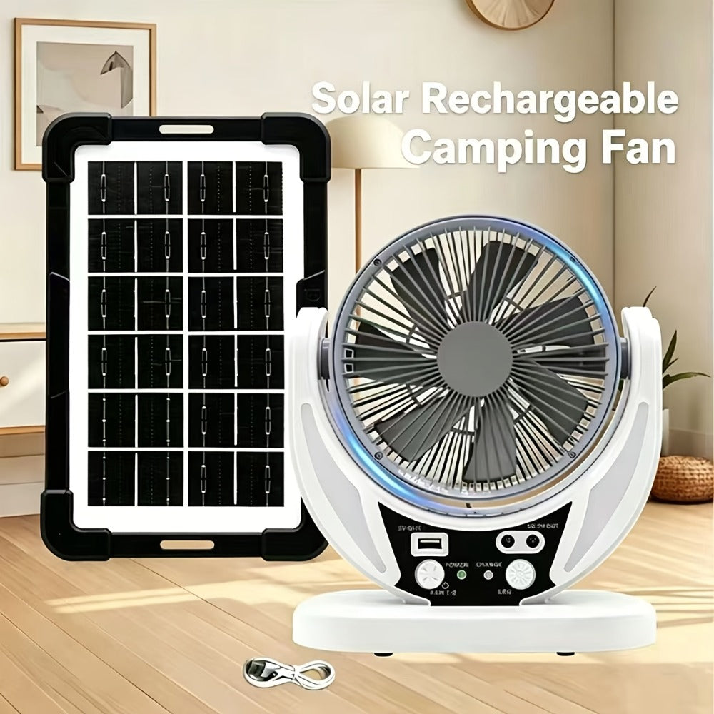 Solar Desk Fan with Adjustable Stand, Separate Panel, USB Input, Phone Output and 1-Piece Package