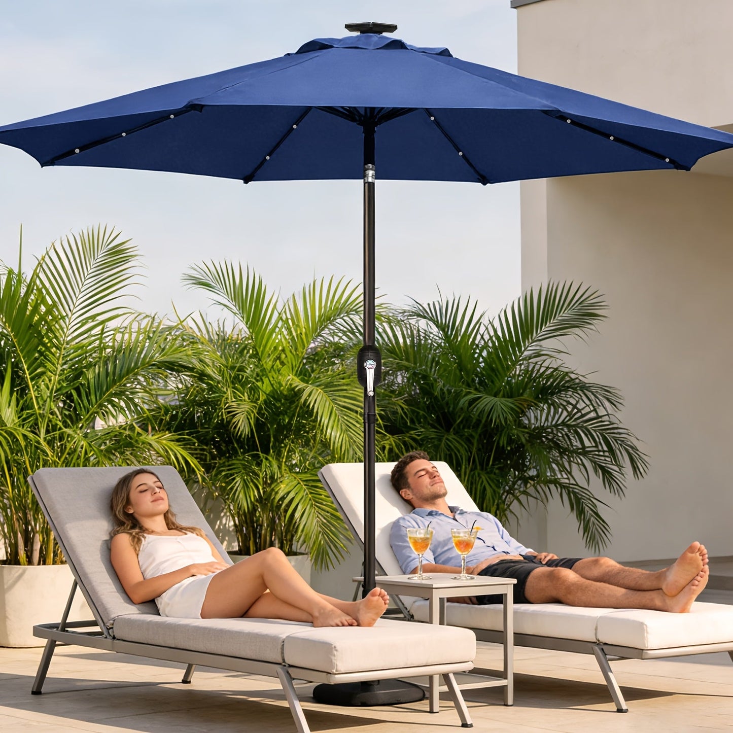 Patio Umbrella 9FT Solar LED Center-Pole Style in Sky Blue, Deep Blue or Khaki for Outdoor Shade