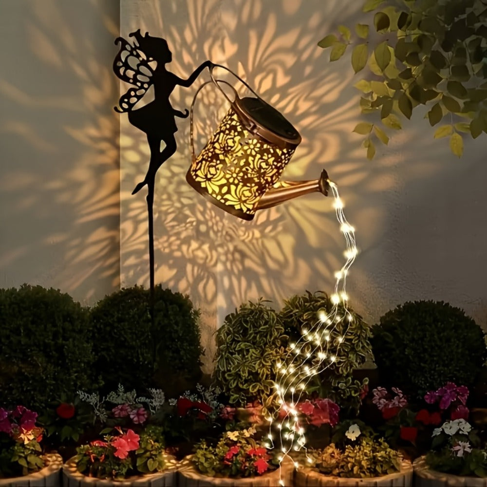 Solar Garden Lights 2-Piece Watering Can Waterfall String Lights, IP65 with Ground Stakes Set