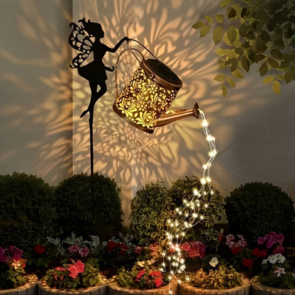 Solar Garden Lights 2-Piece Watering Can Waterfall String Lights, IP65 with Ground Stakes Set