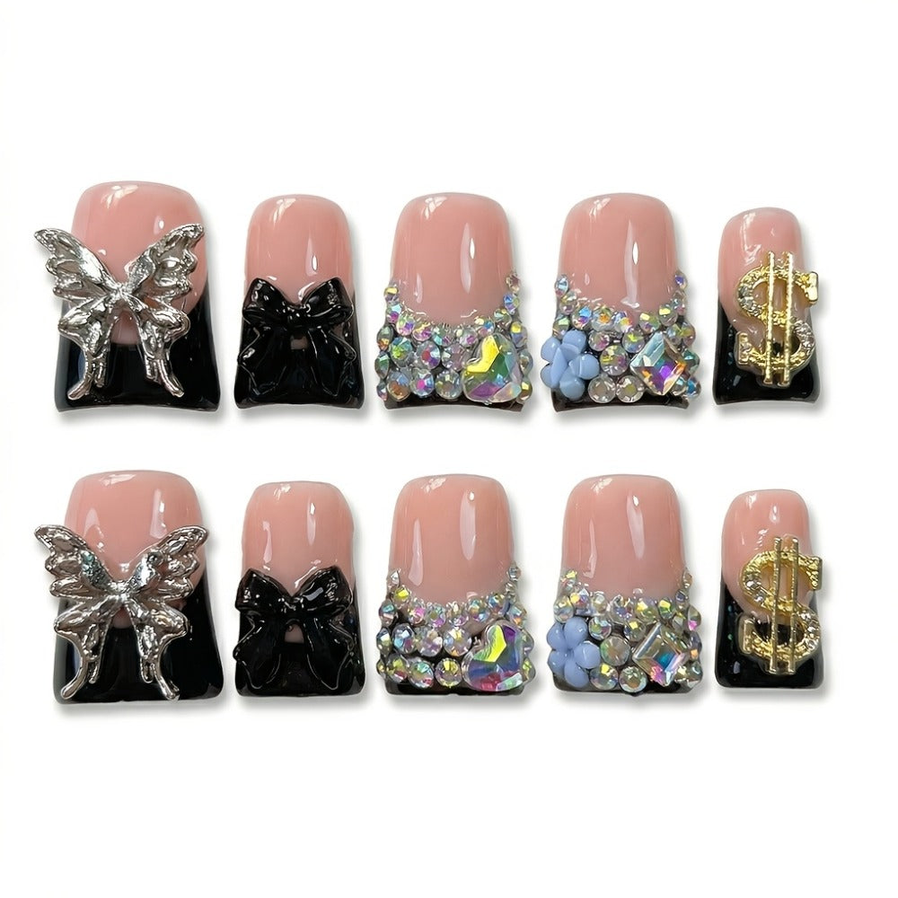 Black Nude Duckbill Press On Nails Medium Length – Glitter AB Rhinestone & Liquid Metal Butterfly Colorblock Handcrafted Acrylic Nail Set for Parties, Date Night & Daily Wear, 10pcs S/M/L