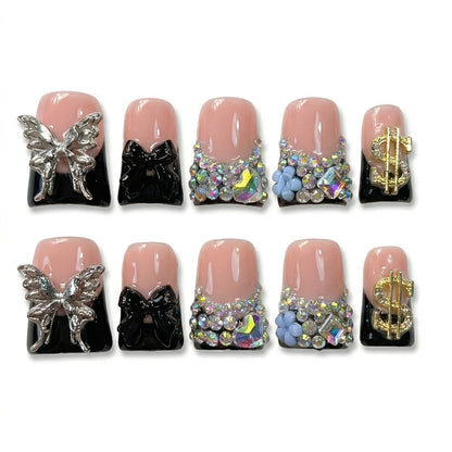 Black Nude Duckbill Press On Nails Medium Length – Glitter AB Rhinestone & Liquid Metal Butterfly Colorblock Handcrafted Acrylic Nail Set for Parties, Date Night & Daily Wear, 10pcs S/M/L