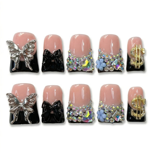 Press On Nails 10-Piece Medium Duckbill Set with Black Nude Color Block, Butterfly, Glitter and AB Rhinestones