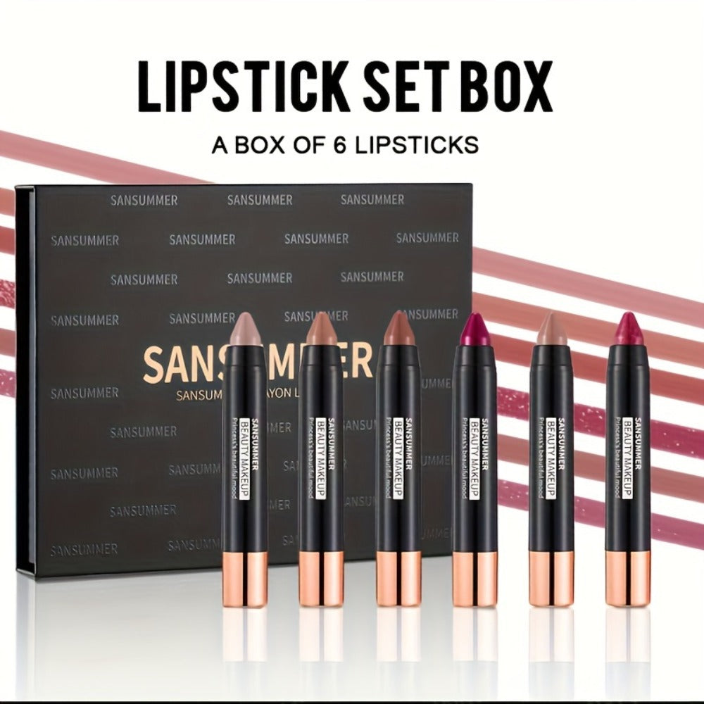 Matte Velvet Crayon Lipstick Gift Box Set 6 Shades Waterproof Long Lasting Highly Pigmented Easy Apply Twist-Up Lip Color for Women All Skin Tones Daily Wear Travel & Gifting