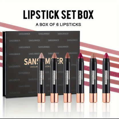 Matte Velvet Crayon Lipstick Gift Box Set 6 Shades Waterproof Long Lasting Highly Pigmented Easy Apply Twist-Up Lip Color for Women All Skin Tones Daily Wear Travel & Gifting
