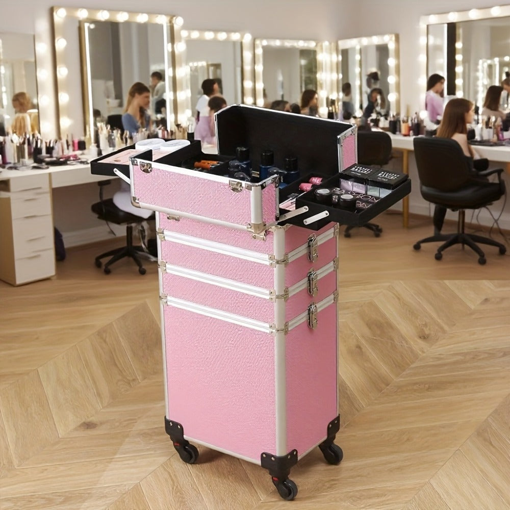 Four-in-One Rolling Makeup Case with Aluminum Frame, Swivel Wheels and Black, Pink or Silver Options