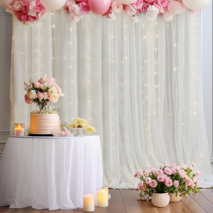 White Sheer Photography Backdrop Set with Two 5.2 x 10 ft Panels, USB String Lights and 10 Clips