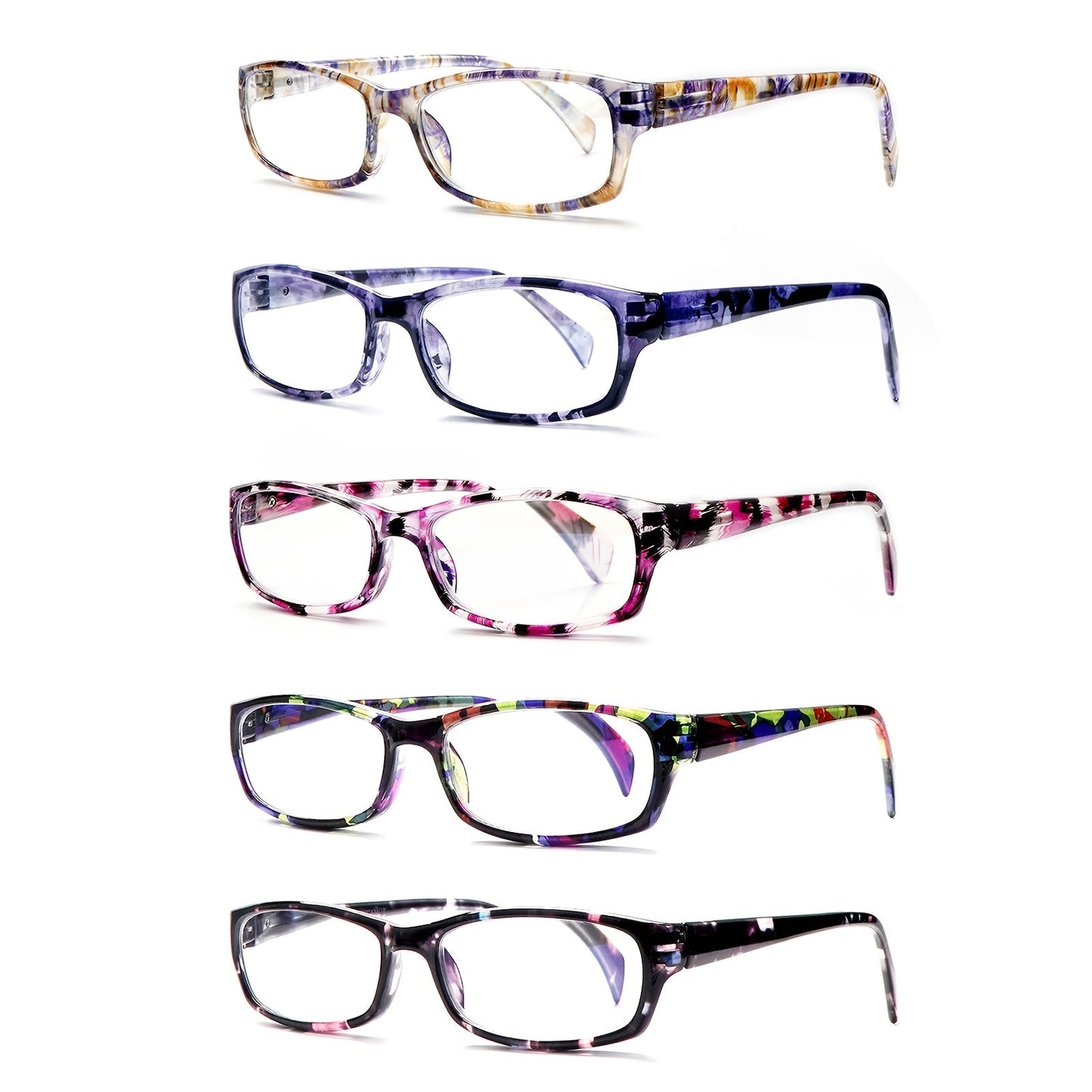 Reading Glasses – Five-Pair Rectangular Blue-Light Lens Set with Spring Hinges and Mixed Colors