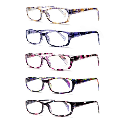 Reading Glasses – Five-Pair Rectangular Blue-Light Lens Set with Spring Hinges and Mixed Colors
