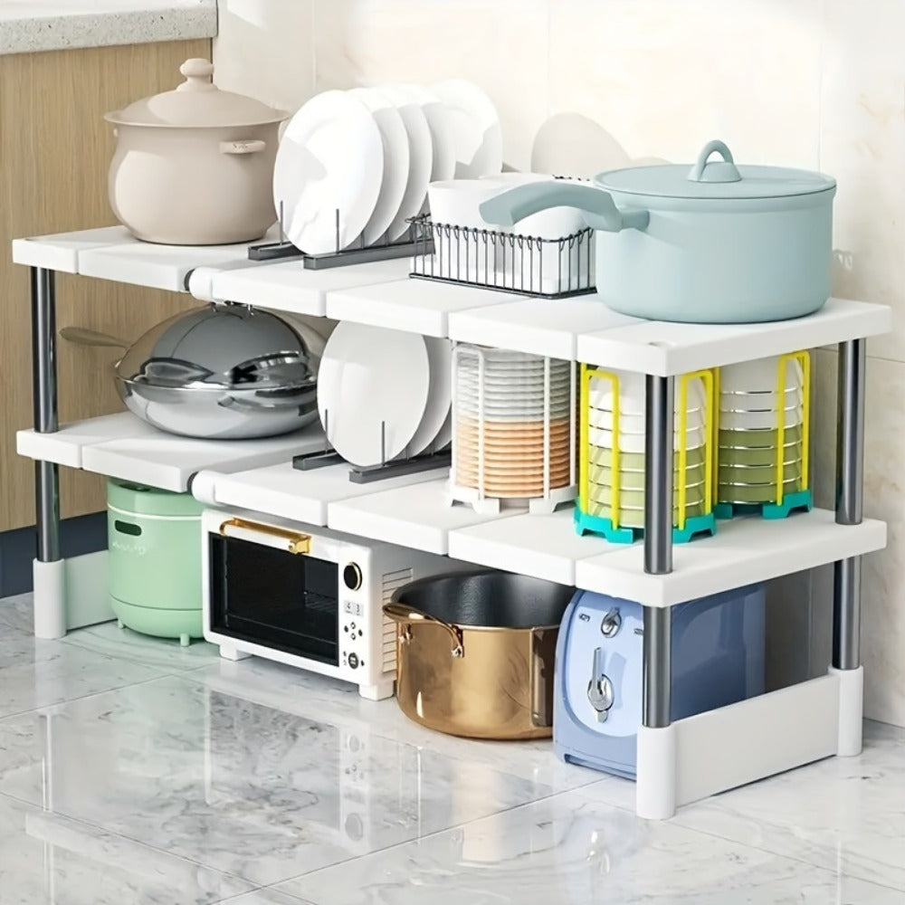 Adjustable Under-Sink Organizer with White Single-Layer Sliding Panels, Metal-Look Supports and Central Plumbing Gap