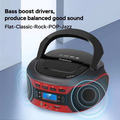 Bluetooth CD Player Boombox with FM Radio – Portable CD Boombox with AUX USB Playback, Earphone Jack, Stereo Speakers, Battery or AC Powered, CD Player for Home and Outdoor Use