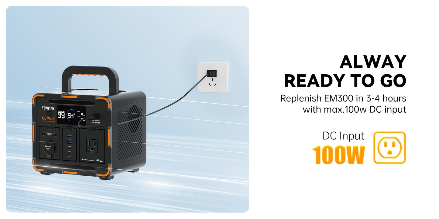Portable Power Station 259Wh 300W or 599Wh 600W with AC, DC, USB, LiFePO4 Cell Pack and LED Light