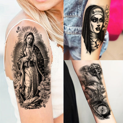 Christian Temporary Tattoos 68 Sheets Bulk Set | God Jesus Faith Prayer Peace Tribal Lion Eye Quote Designs | Waterproof Fake Tattoo Stickers for Men Women Adults | Half Arm Sleeve Body Art Pack