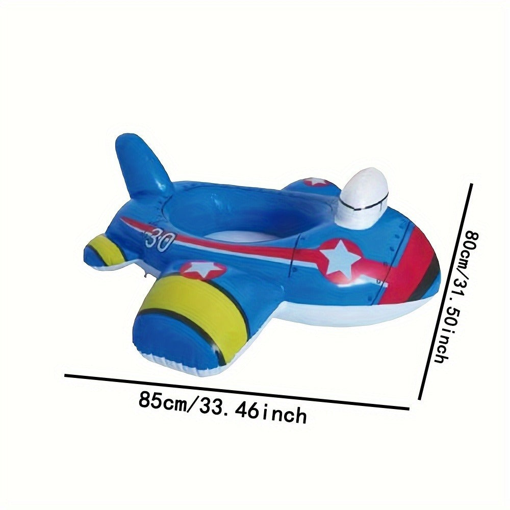 Airplane-Shaped Inflatable Pool Float with Blue Printed Body, Center Opening, Wings, Tail and 33.46-Inch Length