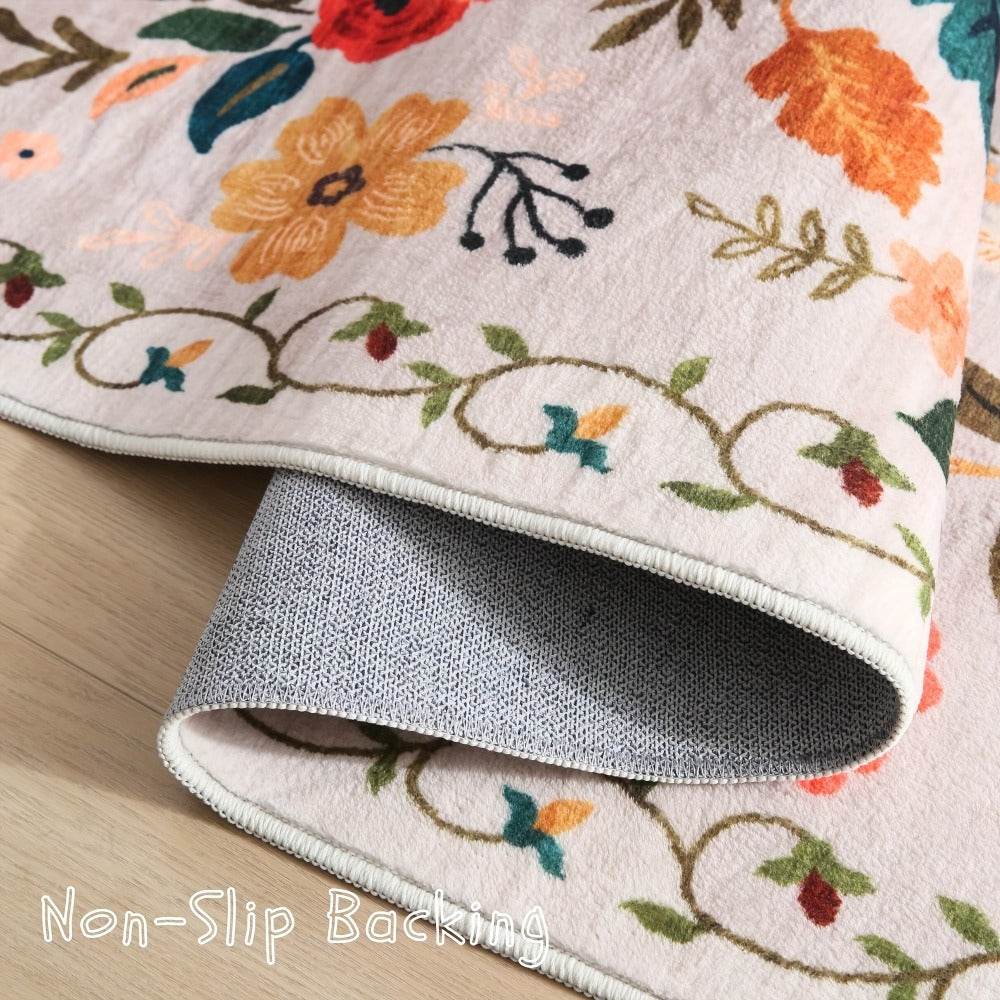 Area Rug Bohemian Floral Plush Runner with Four Machine-Washable Sizes for Bedroom or Kitchen