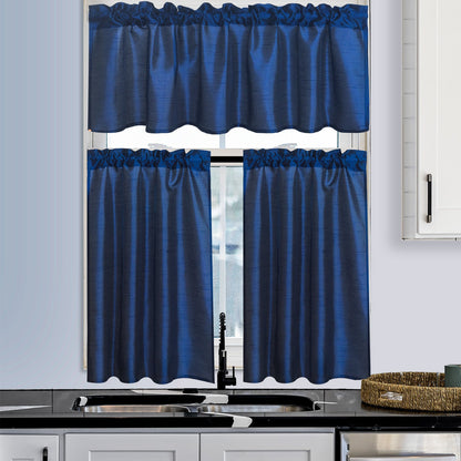 Kitchen Curtains 3 Panels Faux Silk Sheer Tier and Valance Set Rod Pocket 2 Tiers 26x36 inch + Valance 52x14 inch for Kitchen Bathroom Window Drapes