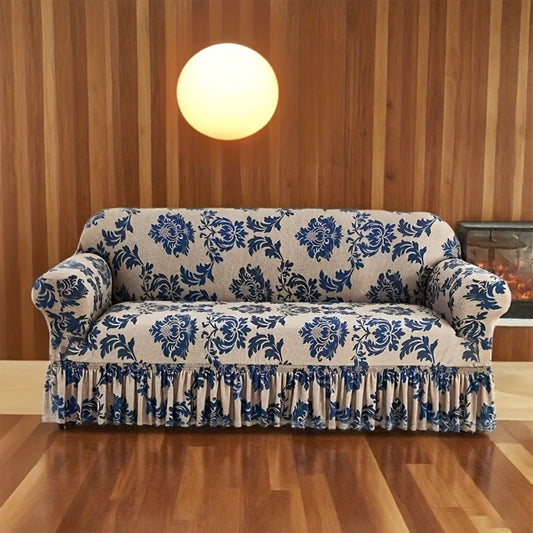 Sofa Cover Dark Blue Printed Skirt Slipcover with High-Elasticity Fiber and Anti-Slip Fixing Rods