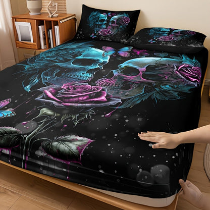 Gothic Skull Rose Fitted Sheet Set 3-Piece Halloween Bedding, HD Print Skull Flower Deep Pocket Fitted Sheet with 2 Pillowcases, Machine Washable Hypoallergenic, Twin Full Queen King, Bedroom Dorm Decor