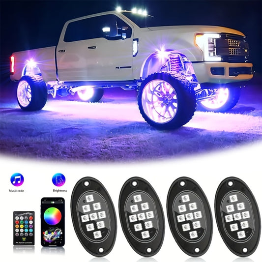 RGB Rock Lights Kit for Trucks & Cars, Sound-Activated LED Underbody Lights with APP & Remote Dual Control, 9 Large Beads Multicolor Chassis Neon Footwell Lighting for Pickup Off-Road