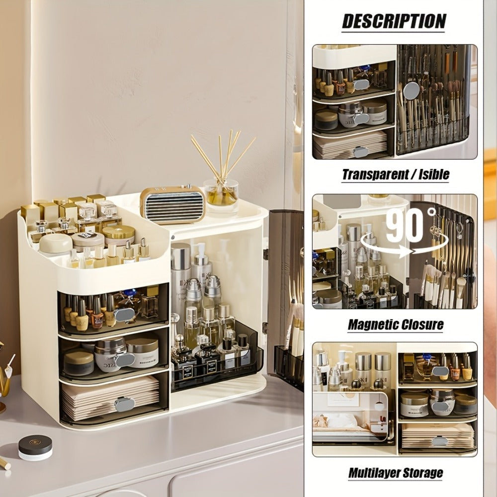 Three-Drawer Makeup Organizer with Mirror in Transparent Black or Cream White Large Checkout Options