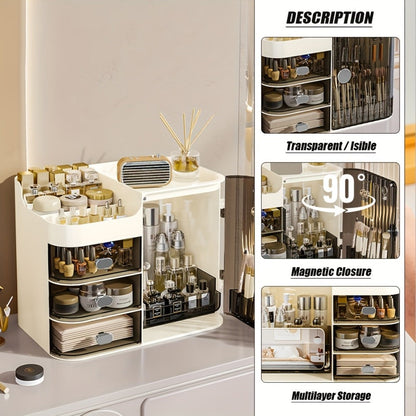 Three-Drawer Makeup Organizer with Mirror in Transparent Black or Cream White Large Checkout Options