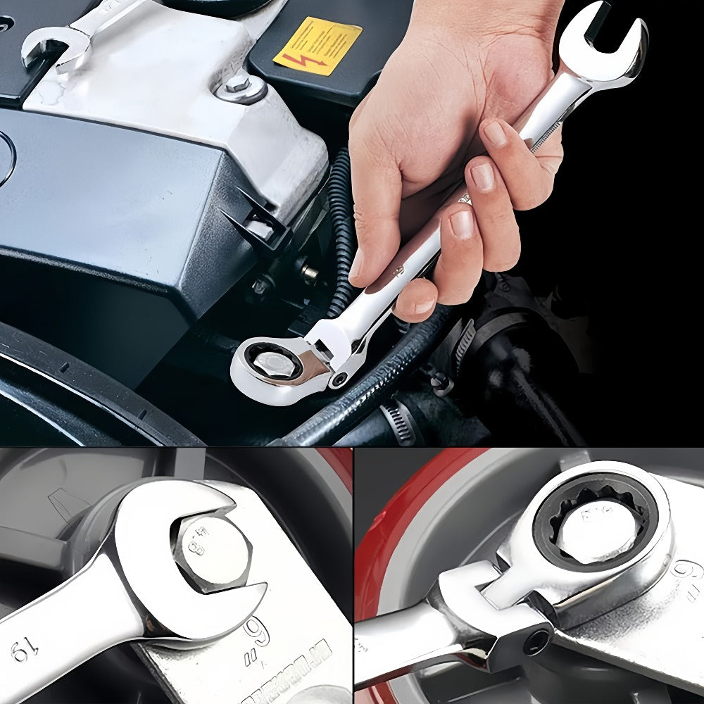 Six-Piece Double-Ended Ratchet Wrench Set with 8–17 mm Metric Sizes, 72-Tooth Heads and Storage Bag