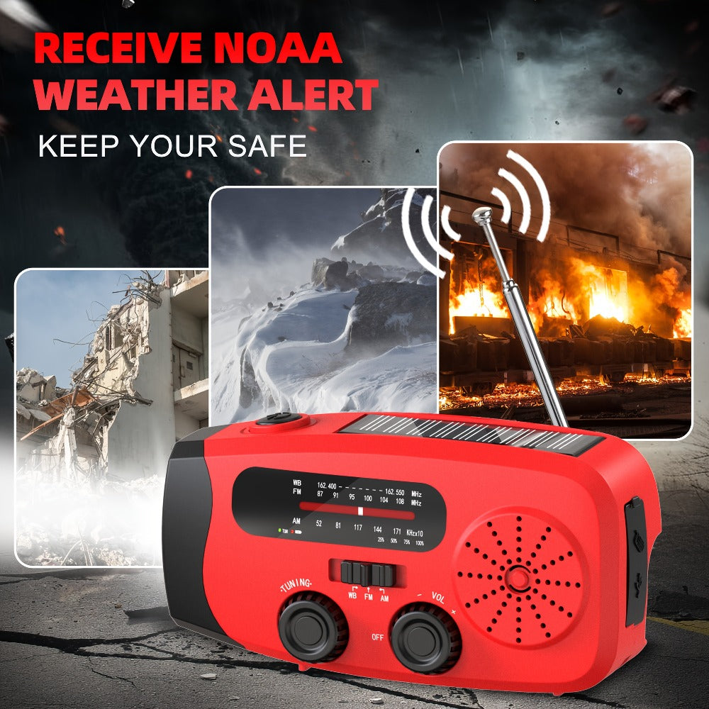 2000mAh AM/FM/NOAA Emergency Radio with Solar Panel, Hand Crank, LED Flashlight and Four Color Options