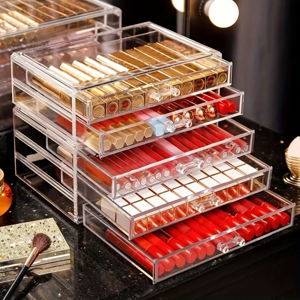 Clear Acrylic Makeup Organizer 5-Tier with Drawers Dustproof Cosmetic Storage for Lipstick Foundation Brushes Skincare — No Installation Vanity Bathroom Office Desk