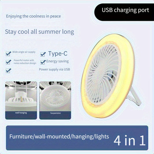 Camping Fan Hanging Circular Fan-Light with 3 Speeds, Type-C Charging, 3 Light Colors and 23cm White Housing