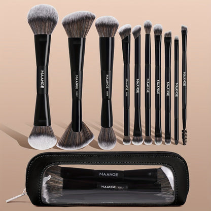 Double-Ended Makeup Brush Set 10PCS with Cosmetic Bag – Soft Nylon Bristles Dual-Ended Blush Eyeshadow Face Brushes Professional Kit for Beginners & Pros Women