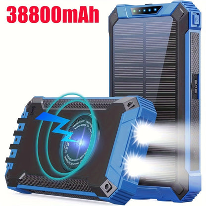 32800mAh Solar Power Bank 6 Outputs Wireless Charger – 4 Built-In Cables Dual Flashlights 15W Fast Charging, 32800 38800mAh External Battery Pack for Travel Camping GPS Emergency iPhone 17 Android